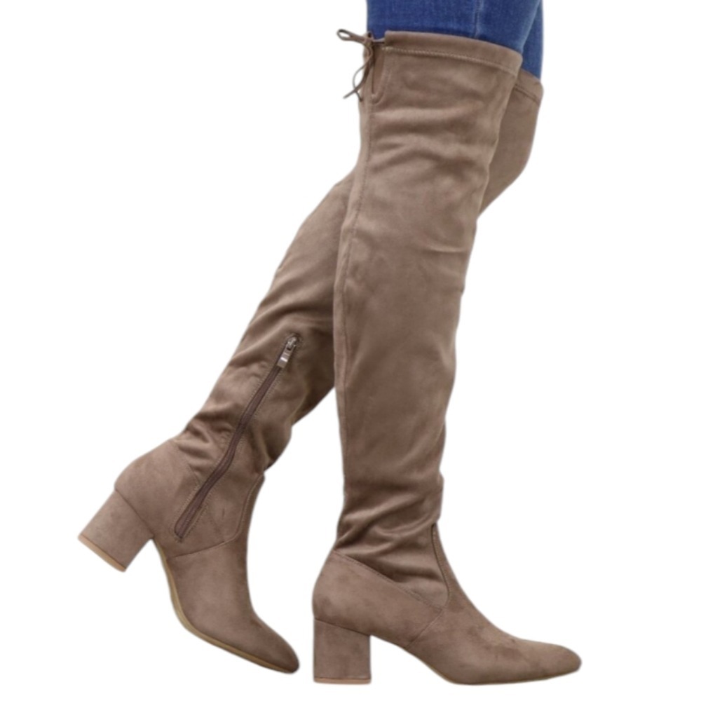 Women's Taupe‎ High Over The Knee Low Block Heel Boots Faux Suede Round Toe 9
